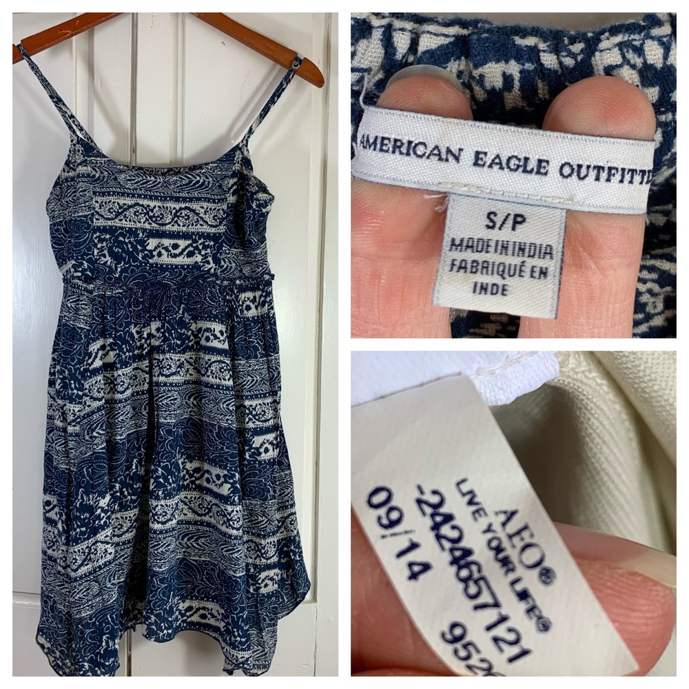 American Eagle Blue White Floral Handkerchief Hem Sun Dress Small Fairycore